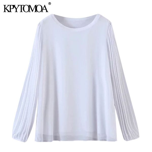 

women fashion patchwork loose white blouses semi-sheer pleated long sleeve female shirts blusas chic 210420