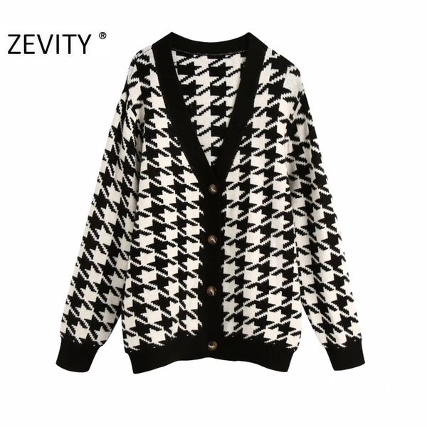 

zevity new women fashion v neck houndstooth cardigan knitting sweater ladies long sleeve breasted retro sweaters chic s409, White;black