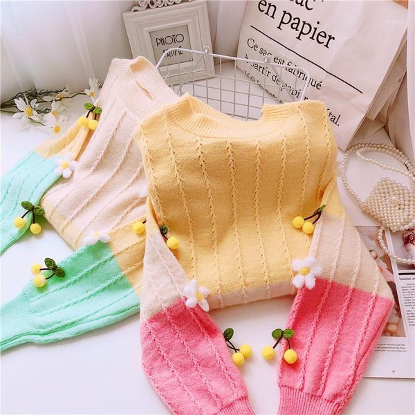 

women's sweaters sweater 2021 autumn stitching color pullovers o-neck long sleeve knitting girl sweet jumper full h172, White;black