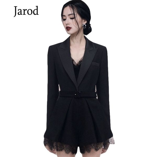 Vintage schwarze Spitze Patchwork Gürtel Jumpsuits Frauen Frühling gekerbt Hals weites Bein kurze Strampler OL Wear Business Playsuits 210519