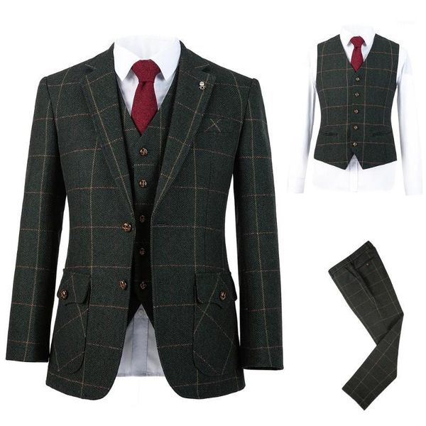

men's suits & blazers (jacket+pants+vest) autumn tweed plaid dark green male jacket coat clothes 3 piece for man 2021 groomsman wedding, White;black