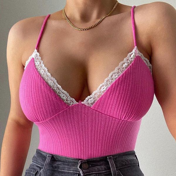 

women's tanks & camis e-girl spaghetti strap v-neck with lace cropped y2k summer fashion ribbed solid backless pink black cami streetw, White