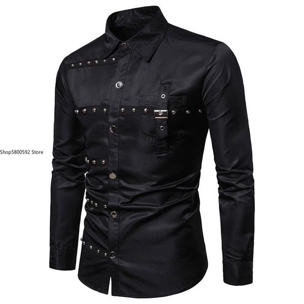 

men's casual shirts brand hip hop rivet shirt men 2021 fashion gothic long sleeve cotton slim uniform stage costumes clothing, White;black