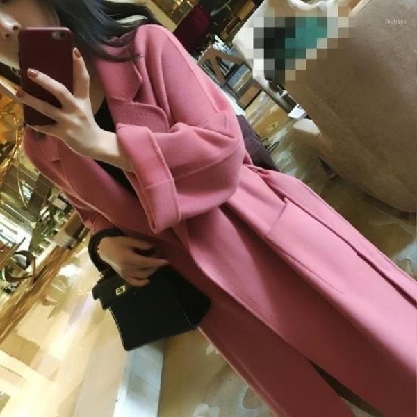 

women's wool & blends women elegant long coat with belt solid color sleeve chic outerwear ladies overcoat autumn winter 2021 y500, Black