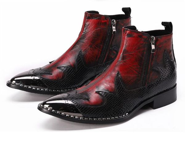 

men's spiky snakehead patchwork short boot with metal head rivet dress leather boot, size: 36-47, burgundy, Black