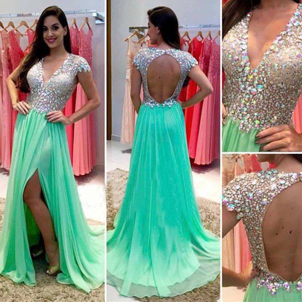 

stunning major beaded chiffon plus size prom dresses deep v neck backless slit evening gown cap sleeve pleated long formal guest dress, Black
