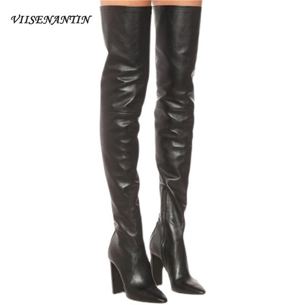 

boots cowhide pointed toe thick heel over the knee long with back lace super high fashion knight women, Black