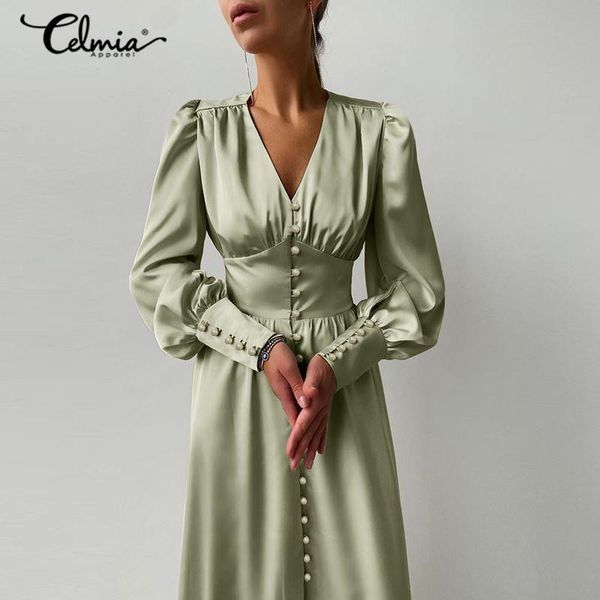

celmia women elegant single breasted satin dress fashion v neck midi sundress lantern sleeve party clud high waist dresses casual, Black;gray