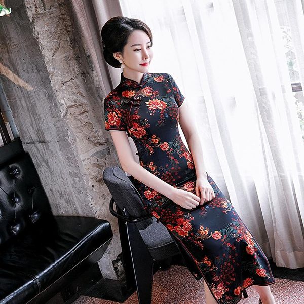 

slim long cheongsam chinese traditional classic madnarin collar qipao novelty print flower elegant women vestidos plus size ethnic clot, Red