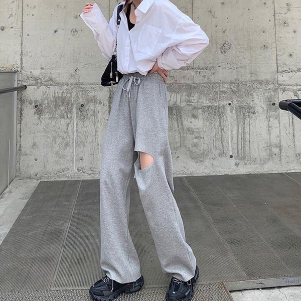 

women's pants & capris women full length casual asymmetrical high waist lace up bow ripped hole wide leg pant for female clothes, Black;white