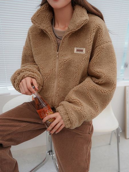 

dazy letter patched detail drop shoulder teddy jacket v0yz#, Black;brown