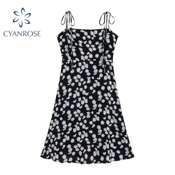 Daisy Imprimir elegante vestido magro mulheres verão sem mangas espaguete spaghetti strap vestidos coreano elegante doce sexy mori menina ins vestidos 210417