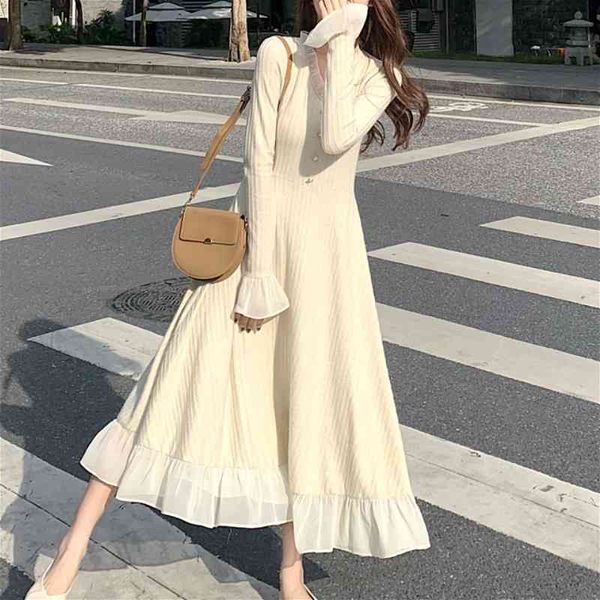 Elegante Pullover Frauen Langarm V-ausschnitt Büro Strickte Weibliche Vintage Spitze einteiliges Kleid Korea Herbst Winter 210322