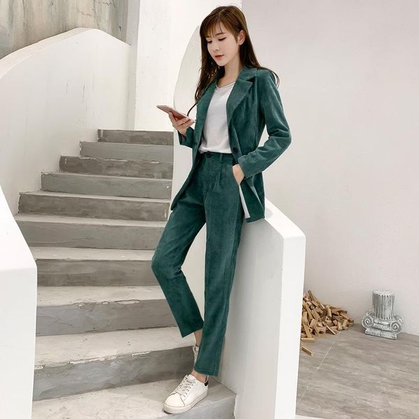 

women's suits & blazers suit 2021 autumn fashion casual temperament corduroy solid color single buckle small trousers two-piece, White;black