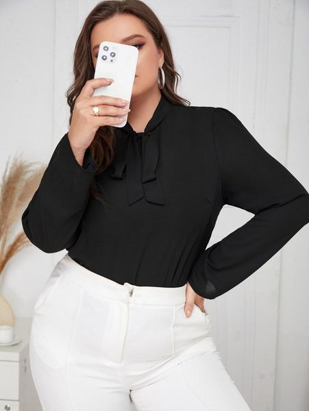 

plus tie neck solid blouse h2ag#, Black