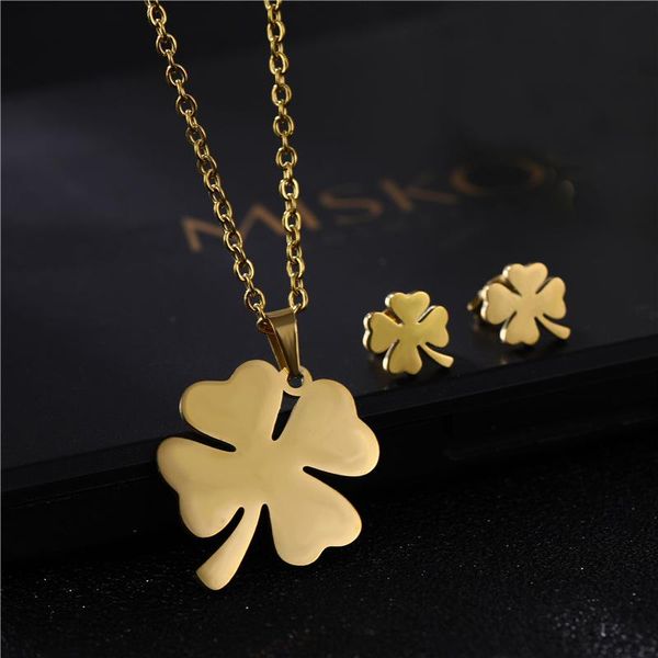 

earrings & necklace stainless steel for women girls lover's clover gold color leaves pendant engagement jewelry set, Silver