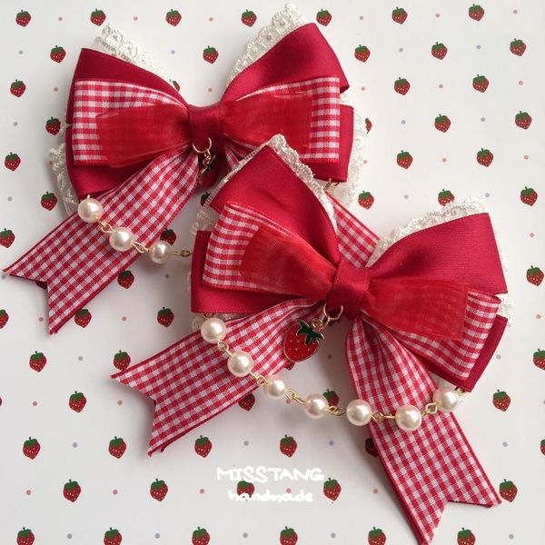 Outros suprimentos de festa de evento Lolita Hairpin Vinho Red Strawberry Horsetail Clip Grid Grid todos os dias fêmea feminina