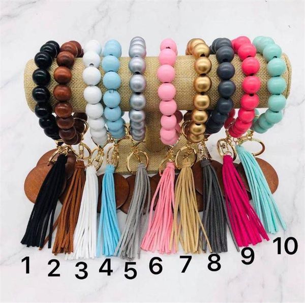 

solid wooden bead keychain tassel string bracelet keychains party gift personalized disc pendant beaded wristlet key ring women wrist strap