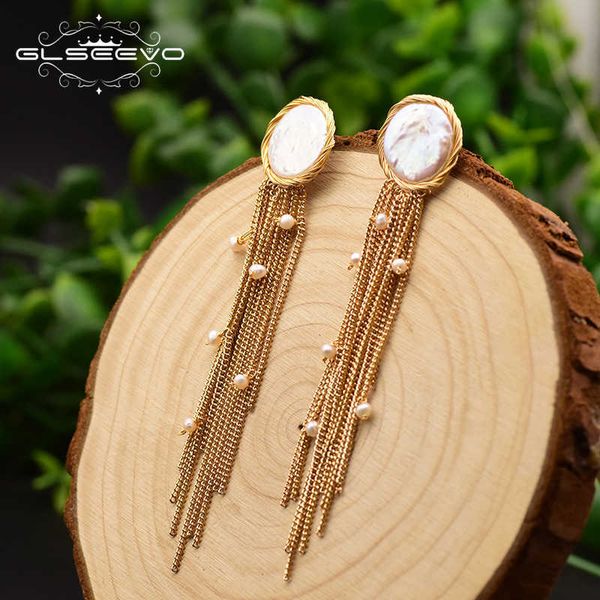 

glseevo fresh water baroque flat pearl tassel long earrings for women engagement vintage handmade fine luxury jewellery ge0656, Golden