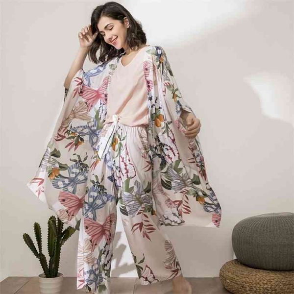 Mulheres Pijamas Define Outono Borboleta Floral Impresso Elegante 4 Peça Pijamas Set Viscose Feminino Night Ternits 210809