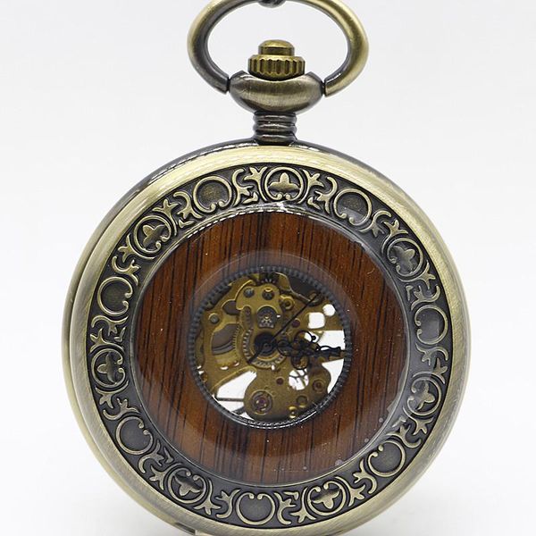 

wristwatches vintage wood grain hollow self winding f mechanical pocket watch steampunk skeleton back with chain men women, Slivery;brown