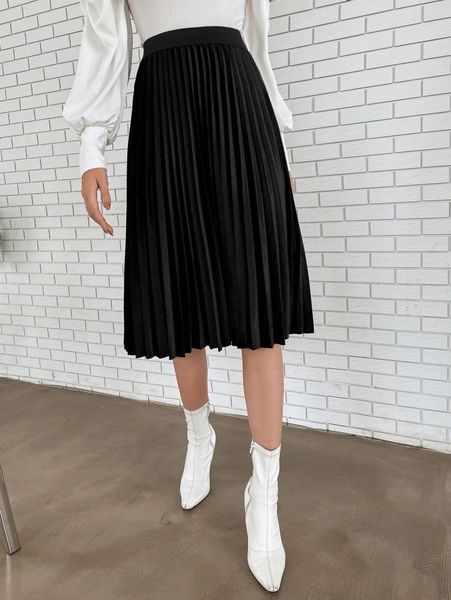 

pleated hem velvet skirt 30ro#, Black