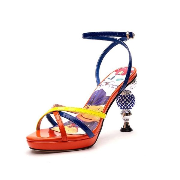 

dress shoes womens peep toe real leather rhinestones strange high heel sandals cross-straps platform match colors plus size 2022, Black