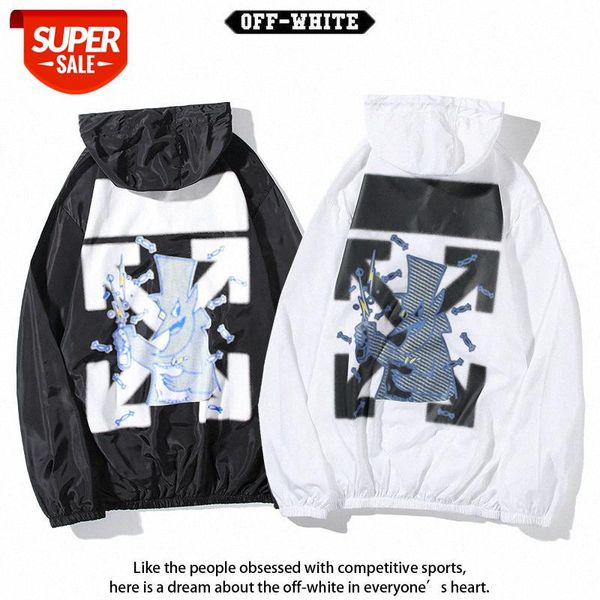 

white graffiti arrow ow loose men and women couples hooded zipper sunscreen windbreaker #hm80, Black;brown