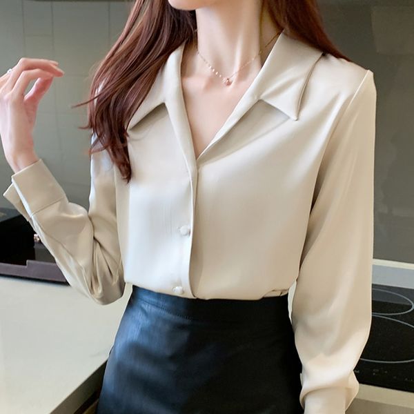 

korean silk women shirts woman v-neck satin shirt long sleeve elegant blouse ladies plus size 210427, White