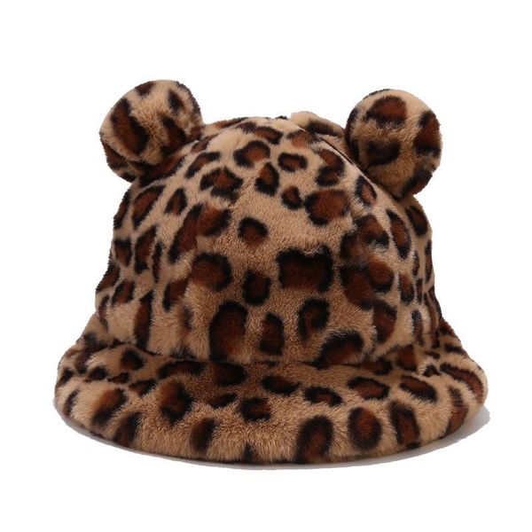 

wide brim hats cute autumn winter leopard fur bucket hat bear ear ball plush fisherman soft warm thick basin protection, Blue;gray