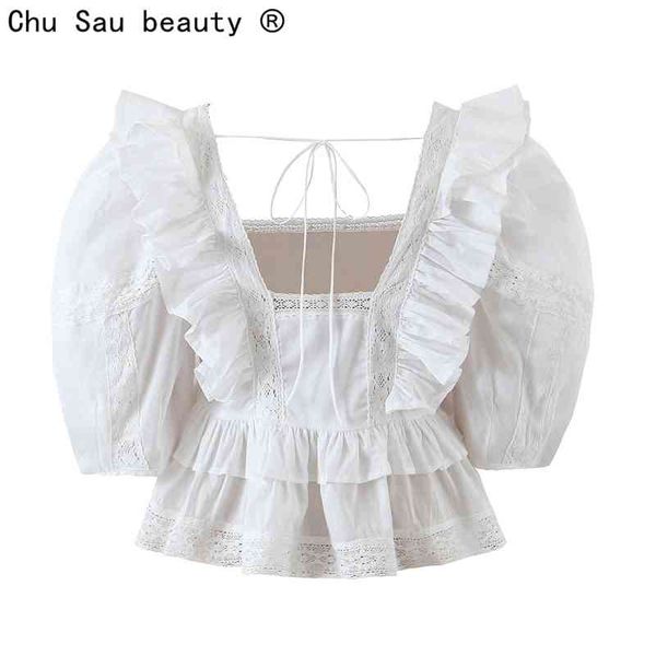

spring summer vintage square collar lace stitching ruffled puff sleeve blouses crop for women camisas de mujer 210508, White