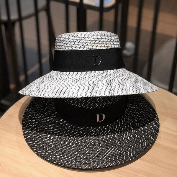 

wide brim hats d letter round flat straw beach hat lady boater sun caps panama fedora women's travel cap, Blue;gray