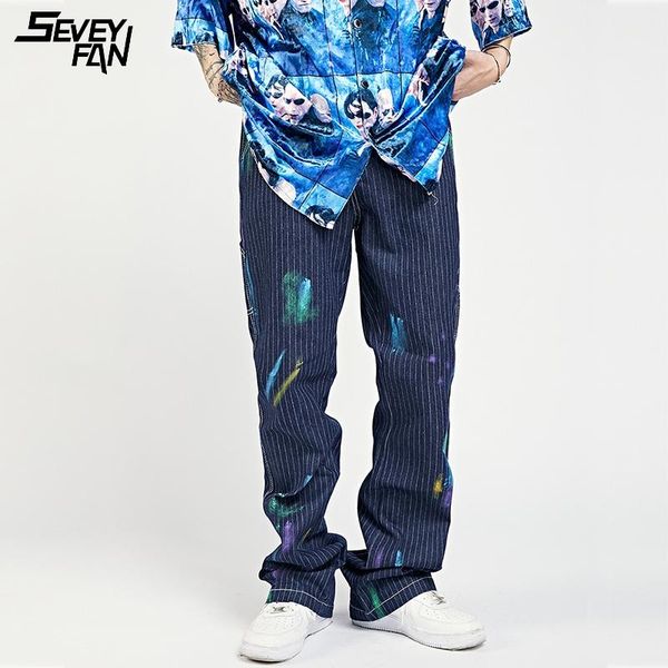 

men's jeans fashion blue flared track striped graffiti baggy hip hop denim pants 2021 casual loose flare pant for male