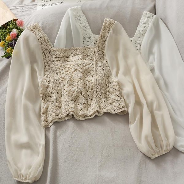 

women's blouses & shirts women fashion outdoor casual hollow out chiffon long sleeves blouse ladies ol sweet girls student elegant dail, White