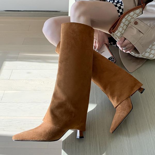 

boots arden furtado 2021 autumn winter fashion women's shoes pointed toe thick heels slip on knee high ladies brown pants, Black