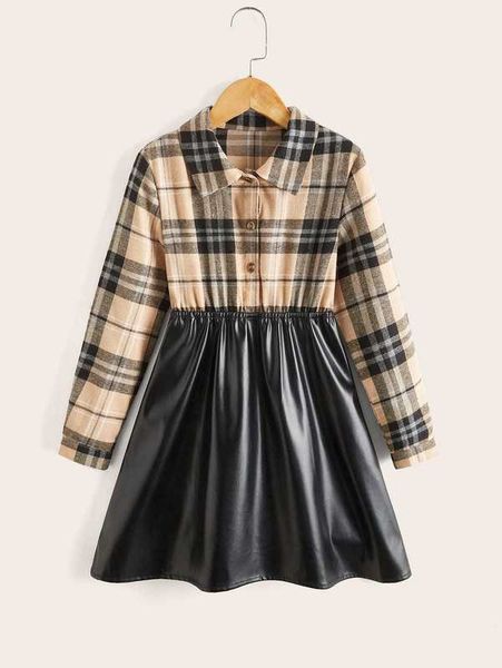 

girls plaid pu-hem shirt dress she, Red;yellow