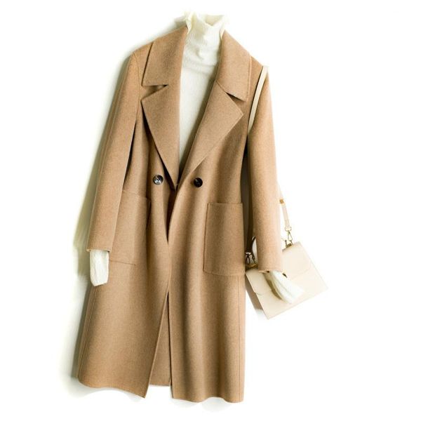 

women's wool & blends autumn winter slim long double-sided coat women big pocket overcoat 3 color office lady woolen jacket fem, Black