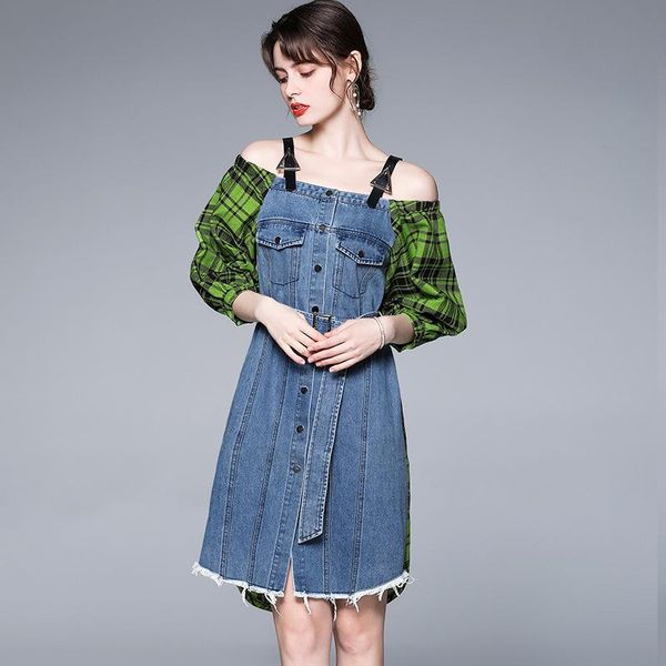 

female summer outfit shows a shoulder one word collar grid stitching seven minute sleeve cowboy dress casual dresses, Black;gray
