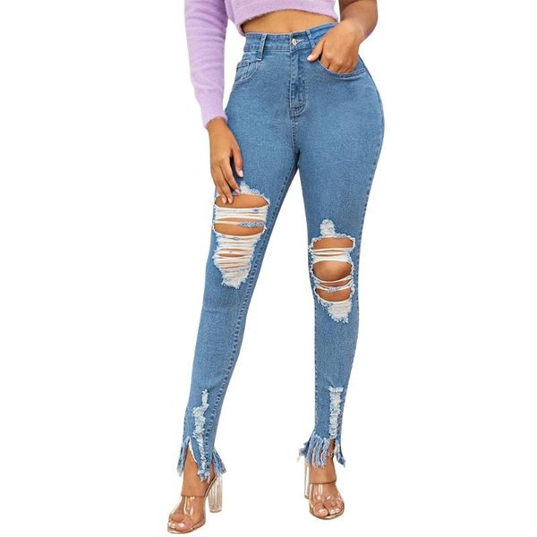 

women's jeans all-match ripped slim-fit denim hold hollow out long trousers stretch ladies full length female pencil pants d30, Blue