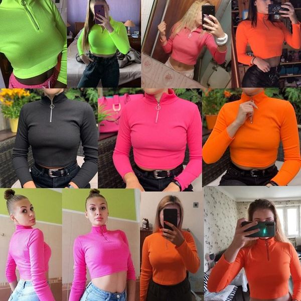 

women's t-shirt spring casual neon crop women solid fitness zipper tees o-neck long sleeve t shirts blusas female, White