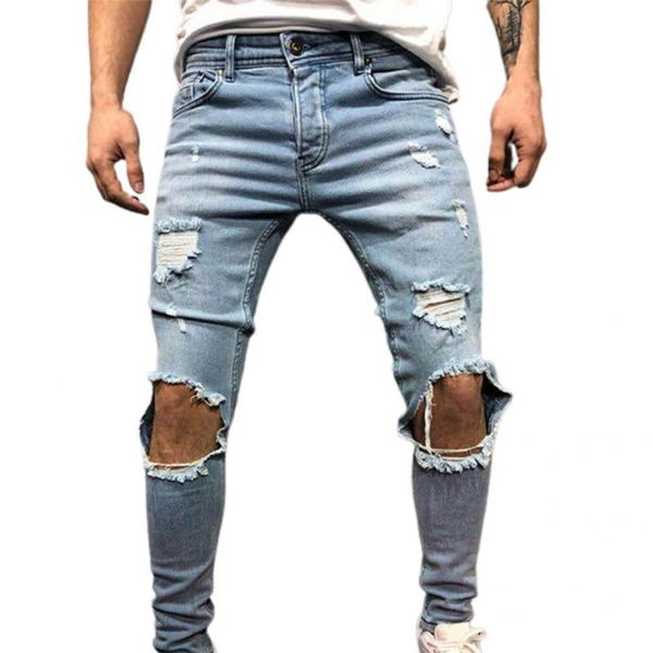 

men's jeans pocket solid color discolored hole men pants for autumn, Blue