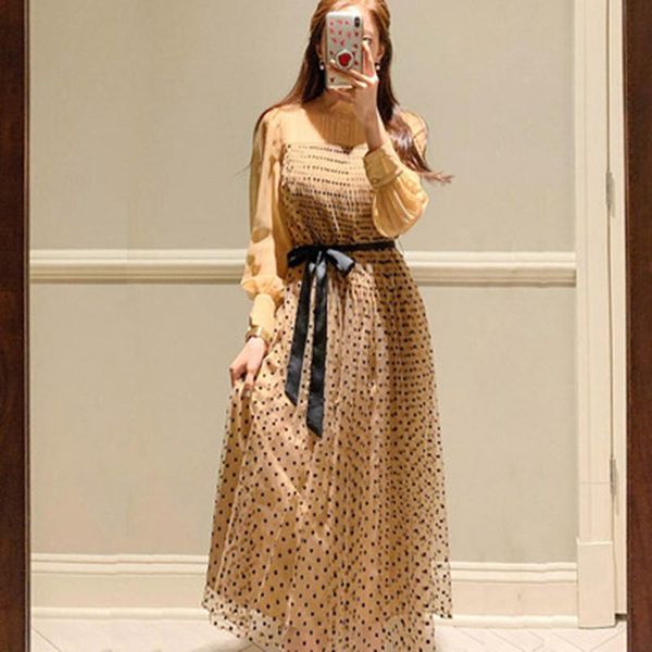 

casual dresses 2021 summer korea women elegant temperament pleated fold dress female dot print mesh chiffon beach long, Black;gray