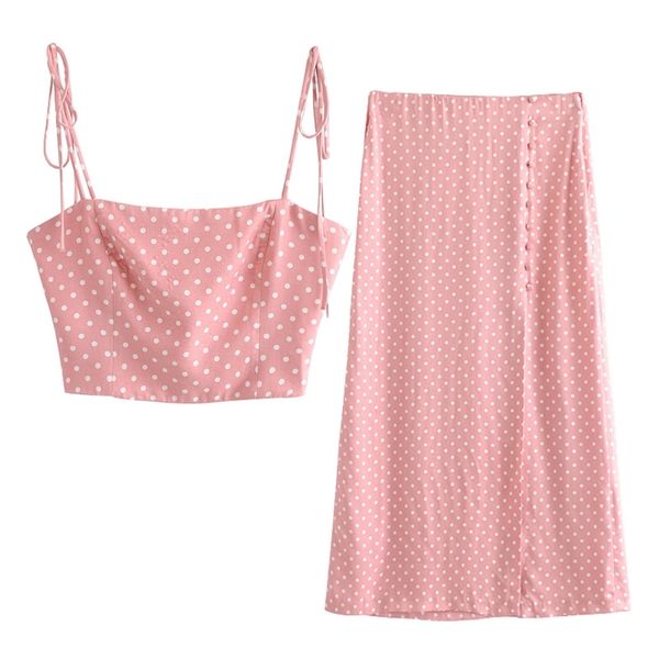 Set due pezzi da donna Gonna a canottiera rosa a pois estiva T0234 210514