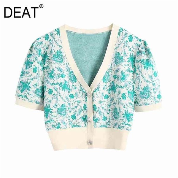 

[deat] summer fashion single-breasted printing short sleeve v-neck knitting cardigan women sweater 13q221 210527, White
