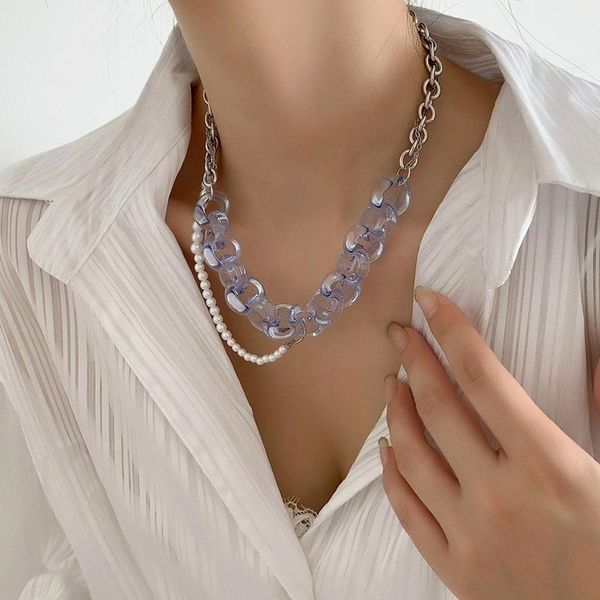 

chains splicing necklaces women artificial pearl necklace woman transparent acrylic pendant clavicle chain korean silver color kolczyki