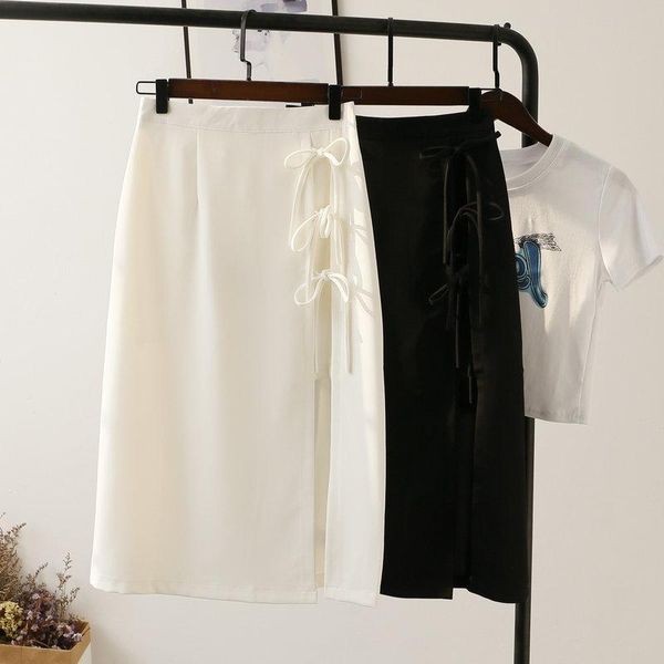 

skirts vintage split design skirt women bow patchwork high waist a line bottom solid casual female streetwear summer, Black