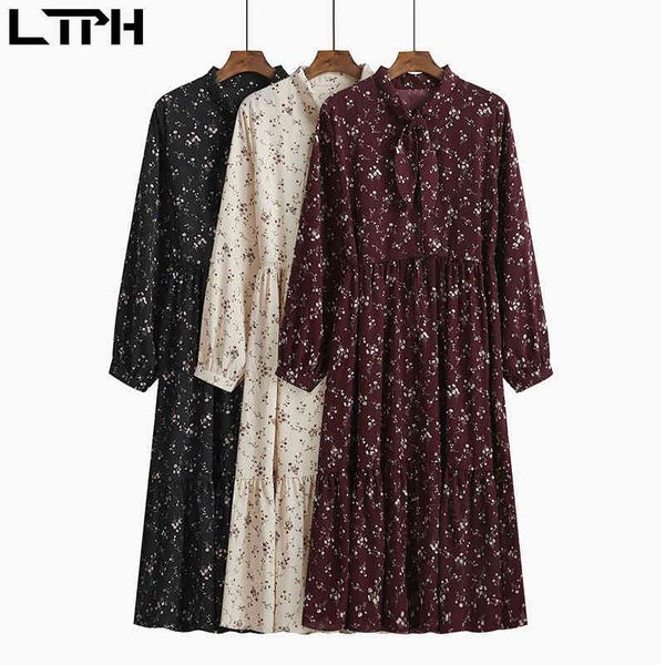 

vintage floral print high waist slim women dress soft comfortable long elegant plus size dresses all-match spring 210427, Black;gray