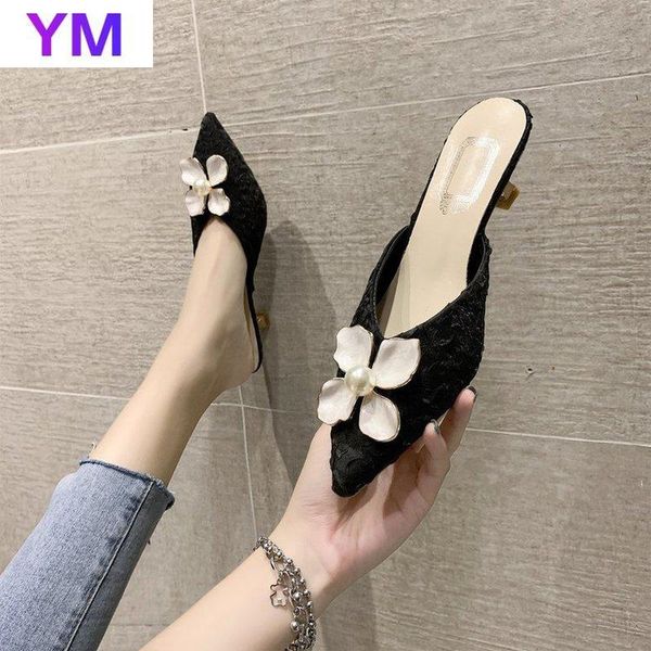

sandals spring summer women's shoes pointed toe flowers thin heel zapatillas mujer casa sapatos femininos for women 2021, Black
