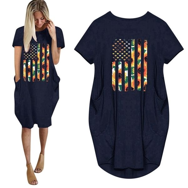 

summer casual loose dress o neck short sleeve floral sunflower print pullover knee length pockets es femme robe 210520, Black;gray