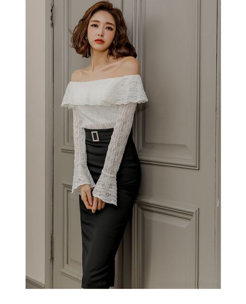 

two piece dress a 2-piece set, consisting of lace blouse and irregularly cut skirt, suitable for women, pleated boat collar suit, 2021, White